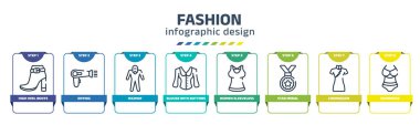 fashion infographic design template with high heel boots, drying, hazmat, blouse with buttons, women sleeveless shirt, star medal, cheongsam, swimwear icons. can be used for web, banner, info graph.