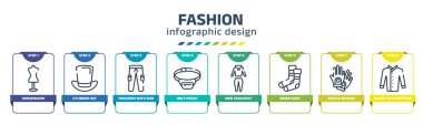 fashion infographic design template with dressmaker, cylinder hat, trousers with side pockets, belt pouch, men tracksuit, warm sock, pair of gloves, jacket with buttons icons. can be used for web,