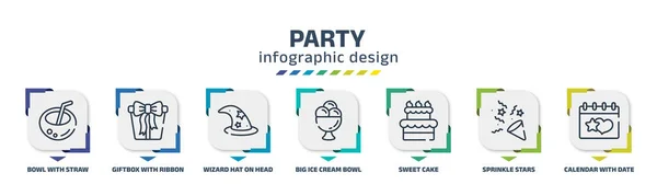 Party Infographic Design Template Bowl Straw Giftbox Ribbon Wizard Hat — Wektor stockowy