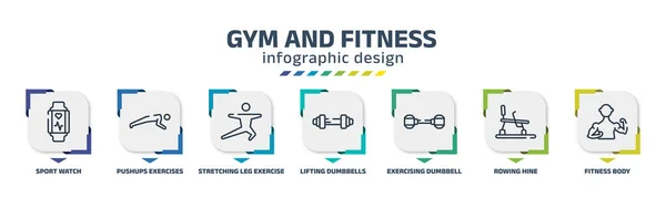 Gym Fitness Infographic Design Template Sport Watch Pushups Exercises Stretching — Stock Vector