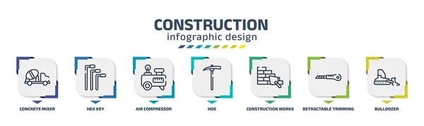 Construction Infographic Design Template Concrete Mixer Hex Key Air Compressor — Vector de stock
