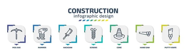 Construction Infographic Design Template Pick Axe Rammer Hacksaw Screws Cone — Vector de stock