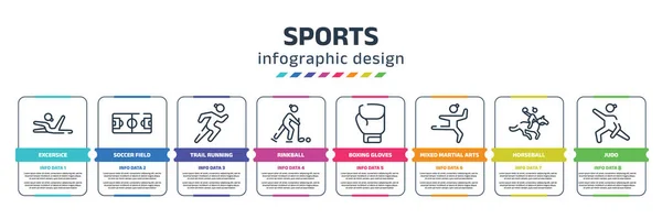 sports infographic design template with excersice, soccer field, trail running, rinkball, boxing gloves, mixed martial arts, horseball, judo icons. can be used for web, banner, info graph.