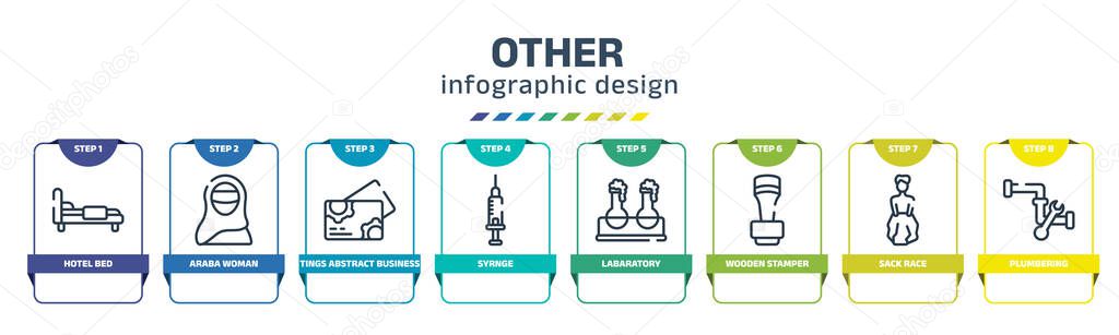 other infographic design template with hotel bed, araba woman, tings abstract business card, syrnge, labaratory, wooden stamper, sack race, plumbering icons. can be used for web, banner, info graph.