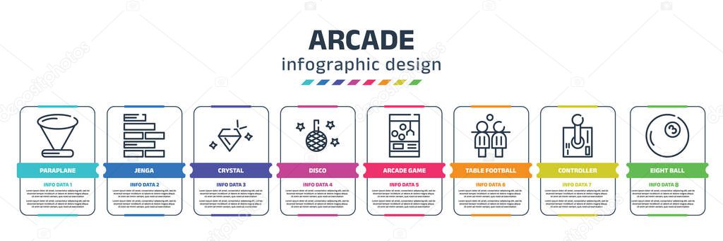 arcade infographic design template with paraplane, jenga, crystal, disco, arcade game, table football, controller, eight ball icons. can be used for web, banner, info graph.