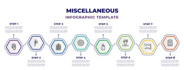 miscellaneous infographic design template with paperclip attachment, muay thai, stained glass window, product, glue bottle, german, fun glasses, evaluate icons. can be used for web, banner, info