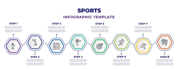 sports infographic design template with left bend, diving sport, scoreboard, baton twirling, dart board, trail running, mixed martial arts, shin guards icons. can be used for web, banner, info