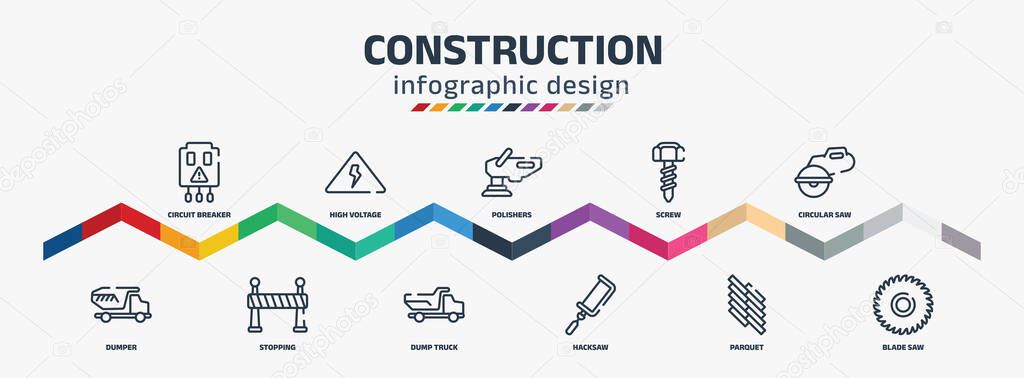 construction infographic design template with circuit breaker, dumper, high voltage, stopping, polishers, dump truck, screw, hacksaw, circular saw, blade saw icons. can be used for web, info graph.