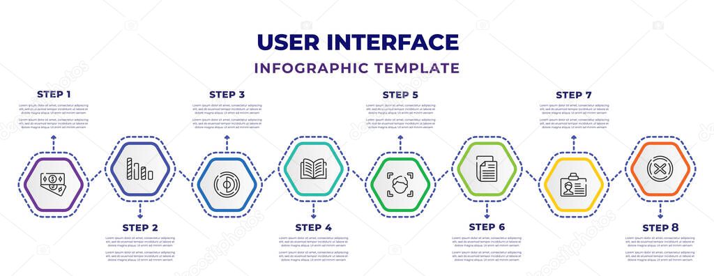 user interface infographic design template with dollar bills stack, vertical bar, hue circle, open diary, face detection, folded newspaper, personal credentials, delete round button icons. can be