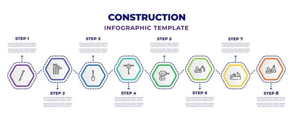 construction infographic design template with crowbar, hex key, spade tool, hydraulic breaker, nail gun, excavator, jack plane, demolition icons. can be used for web, banner, info graph.