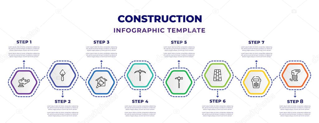 construction infographic design template with polishers, trowel, home repair, pick axe, hammer, paving, welding, rammer icons. can be used for web, banner, info graph.