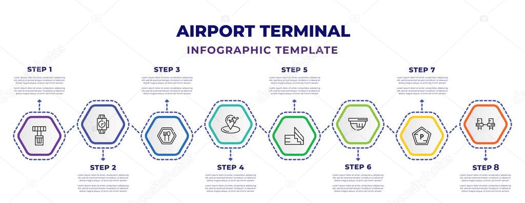 airport terminal infographic design template with airport radar, modern wirstwatch, clutery for lunch, airport placeholder, down stairs, security camera, parking square, waiting place icons. can be