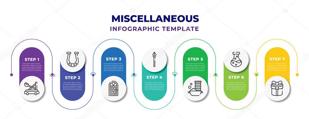 miscellaneous infographic design template with catapult, horseshoes, room door, spears, washboard, alchemy, wrapped gift icons. can be used for web, banner, info graph.