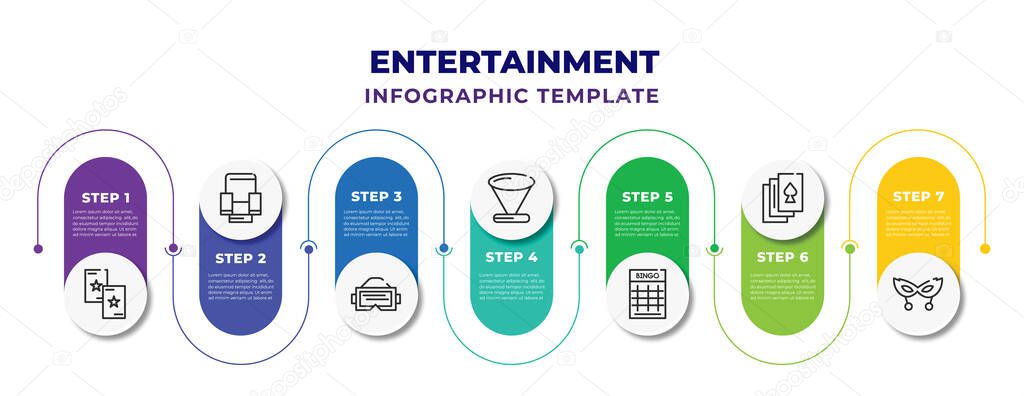 entertainment infographic design template with magic cards, cinema seat, virtual reality glasses, paraplane, bingo, poker, masquerade icons. can be used for web, banner, info graph.