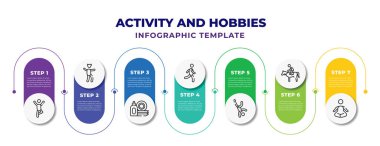 activity and hobbies infographic design template with yoga, cosplaying, dish washing, jogging, freestyle, horse riding, meditating icons. can be used for web, banner, info graph.