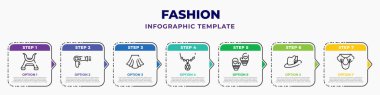 fashion infographic design template with samurai helmet, drying, short skirt, accesory, pair of mittens, german hat with small feather, collar icons. can be used for web, banner, info graph.
