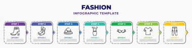 fashion infographic design template with high heel boots, warm sock, fedora, dress with belt, cat eyes, unisex, trousers with side pockets icons. can be used for web, banner, info graph.