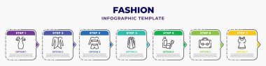 fashion infographic design template with women drees, long sleeves, women tracksuit, women coat, hair dye, closed briefcase, sleeveless shirt icons. can be used for web, banner, info graph.
