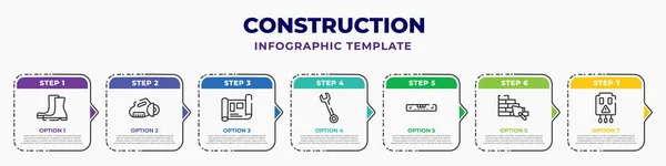 Construction Infographic Design Template Rubber Boots Grinder Blueprint Spanner Plumb — Stock Vector