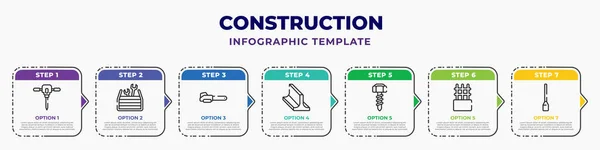 Construction Infographic Design Template Jackhammer Tool Box Chainsaw Beam Screw — Vector de stock