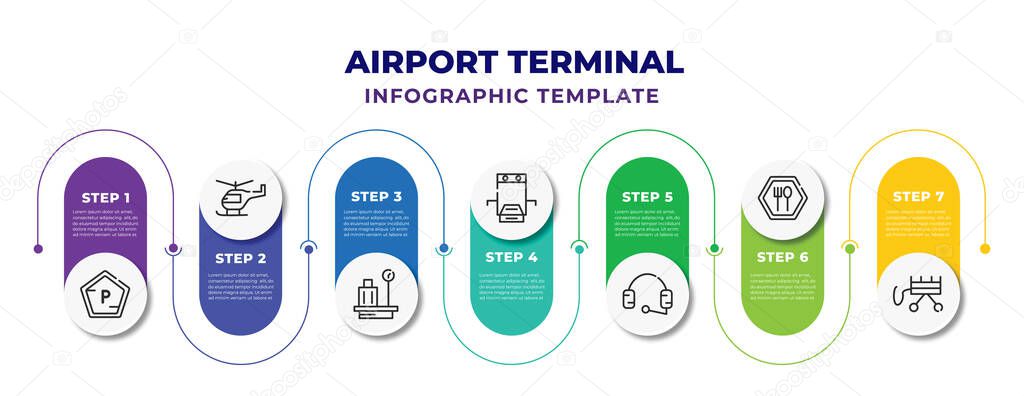 airport terminal infographic design template with parking square, helicopter flying, baggage scale, airport x ray hine, airport headphones, clutery for lunch, car trolley icons. can be used for web,
