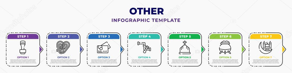 other infographic design template with wooden stamper, metal paper clip, blue abstract business card, plumbering, tombstone with cross, caudron, mosque and moon icons. can be used for web, banner,