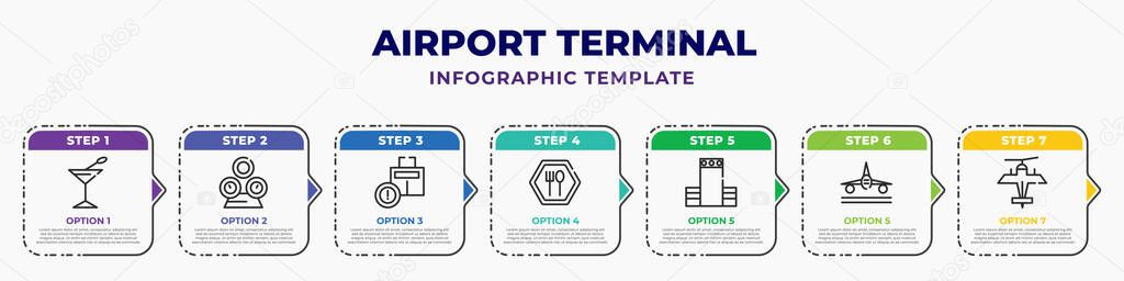 airport terminal infographic design template with martini with olive, flight panel, luggage inspection, clutery for lunch, control check, plane front view, old plane icons. can be used for web,