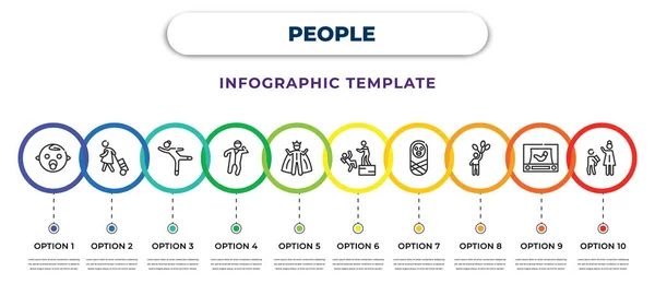 people infographic design template with baby pacifier, woman carrying, gymnast girl, man hearing, king in his throne, man pushing child, baby wrapped on swaddling clothes, boy with balloon, goodbye