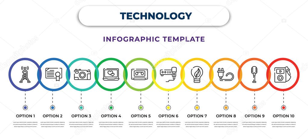 technology infographic design template with media, warranty certificate, camera front view, laptop with a heart, caste tape, microphone interface, ecologic bulb, plug with circular cable,