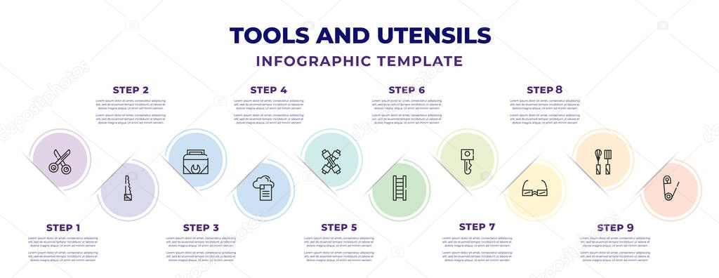 tools and utensils infographic design template with scissors inverted view, carpentry, , download file from cloud, cross wrench, hanging ladder, tiny key, rectangular eyeglasses, perdible pin
