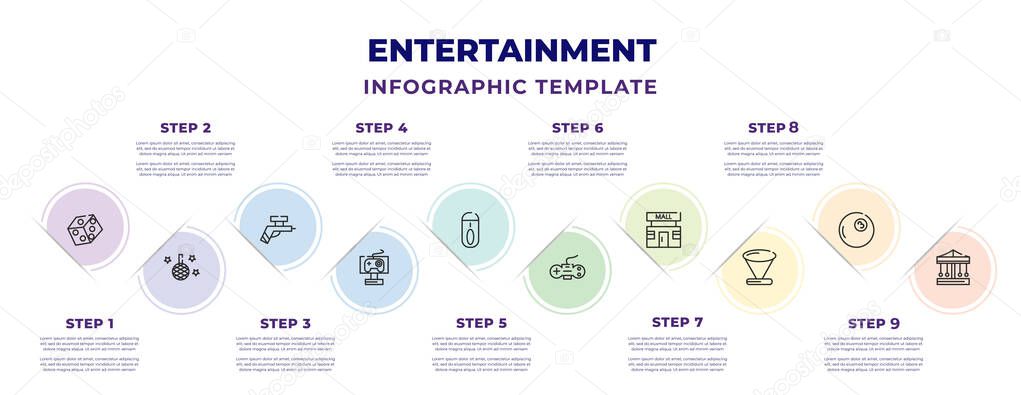 entertainment infographic design template with dices, disco, water gun, pc game, suroard, super, mall, paraplane, carousel icons. can be used for web, banner, info graph.