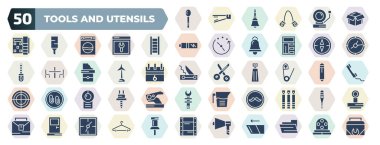 set of 50 filled tools and utensils icons. glyph icons such as large spoon, open black box, hanging ladder, orientation compass, windmills, perdible pin, air conditioning, moustaches, doors,