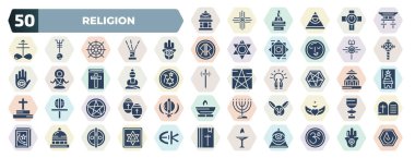 set of 50 filled religion icons. glyph icons such as wat phrakaew, shinto, hamsa, shiva, great buddha, wicca, satanism, easter bunny, vatican, unitarian universalism vector.