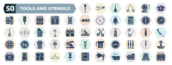 Set Filled Tools Utensils Icons Glyph Icons Large Spoon Open — Vector de stock