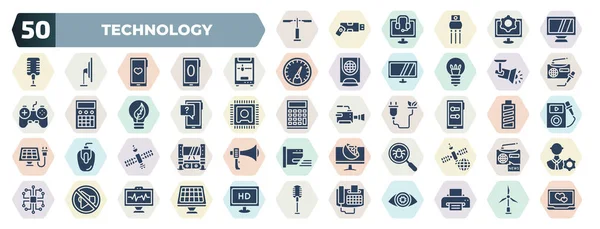 Set Filled Technology Icons Glyph Icons Lamp Post Screen Blank — Wektor stockowy