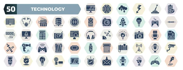 Set Filled Technology Icons Glyph Icons Lcd Screen Battery Charge — Wektor stockowy