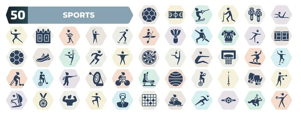 Set Filled Sports Icons Glyph Icons Soccer Football Ball Excersice — Vettoriale Stock