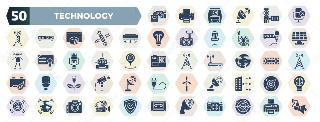 set of 50 filled technology icons. glyph icons such as camera and heart picture, microphone mute, air direction, microphone interface, science fiction, international call, ecologic electricity,