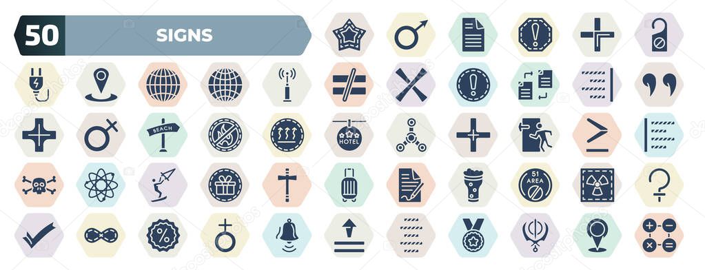 set of 50 filled signs icons. glyph icons such as favourite star, not disturb, wireless receptor, align right, no fire allowed, emergency exit, kitesurf, drink, infinity, align center vector.