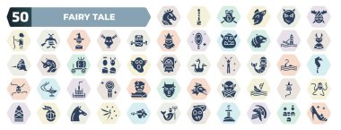 set of 50 filled fairy tale icons. glyph icons such as pegasus, thor, frankenstein, drawbridge, antagonist, mermaid, castle, vampire, knight, zombie vector.