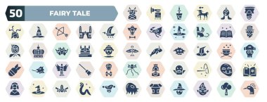 set of 50 filled fairy tale icons. glyph icons such as faun, zeus, viking ship, spellbook, viking, witch hat, harpy, dracula, witch, armor vector. clipart