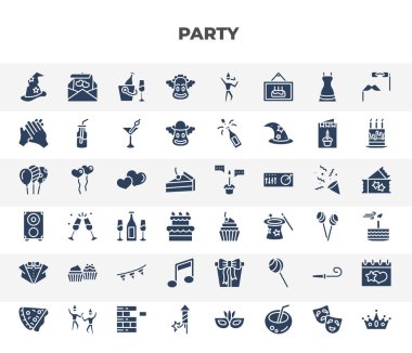 filled party icons set. glyph icons such as wizard hat, clown head, claping hands, big heart, cupcake with big cherry, two muffins, big quaver, wistle, firework rocket vector.