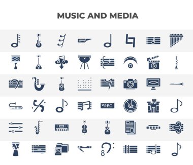 filled music and media icons set. glyph icons such as hemidemisemiquaver, keytar, cabasa, ukelele, rec, saxophone, cello, harmonica, clave vector.