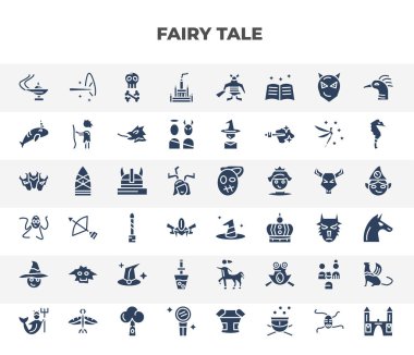 filled fairy tale icons set. glyph icons such as genie, castle, narwhal, viking, witch, yeti, potion, protagonist, enchanted mirror vector.