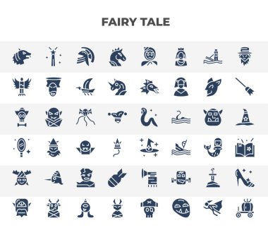 filled fairy tale icons set. glyph icons such as werewolf, pegasus, harpy, cthulhu, magician, pinocchio, atomic bomb, excalibur, devil vector.