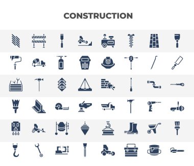 filled construction icons set. glyph icons such as parquet, road construction, paint roller, tiles, dump truck, loader, plumb bob, wheel barrow, wedge tool vector.