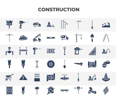 filled construction icons set. glyph icons such as brush, bulldozer, pick axe, drill, spade tool, high voltage, construction plan, demolition, home repair vector.