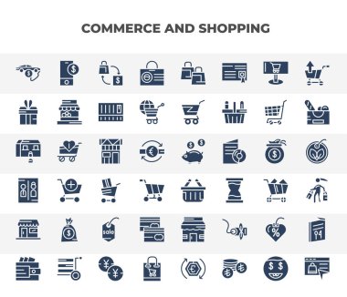 filled commerce and shopping icons set. glyph icons such as buy a car, bag business card, wrapped gift box with ribbon, shopping store, supermarket basket, bag of money with dollar, big credit card,