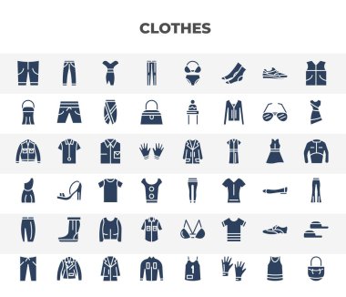 filled clothes icons set. glyph icons such as chino shorts, oxford wave suit pants, draped top, formal shirt, leggins, wool boots, denim shirt, leather shoes, collarless cotton shirt vector.