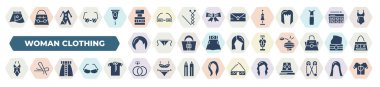 set of 40 filled woman clothing icons. glyph icons such as skirt with white lining, parfume, couture mannequin, shoulder length, stylish perfume bottle, female swimsuit, skirt with slit and belt,